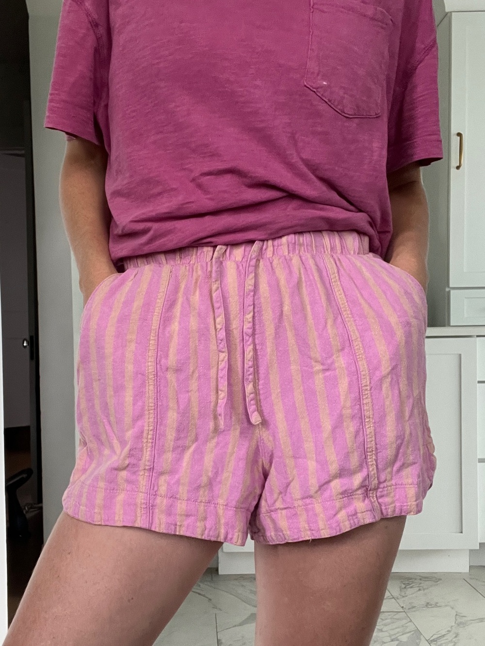 Universal Thread Pink & Cream Striped High Waist Drawstring Shorts - Picture 1 of 5